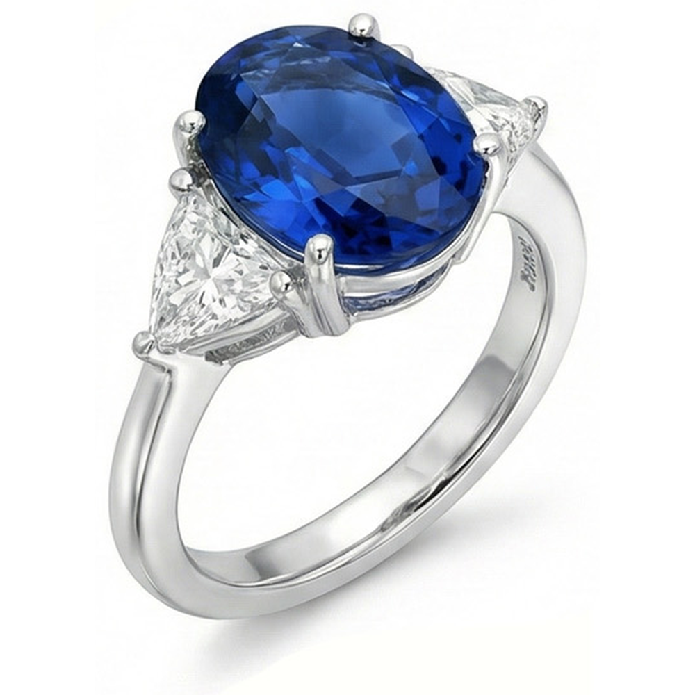 Ovaler Ring mit 3.50 ct. und Trillion Ceylon-Saphir-Aus der Erde Abgebauter Natürlicher Diamanten in Weißgold