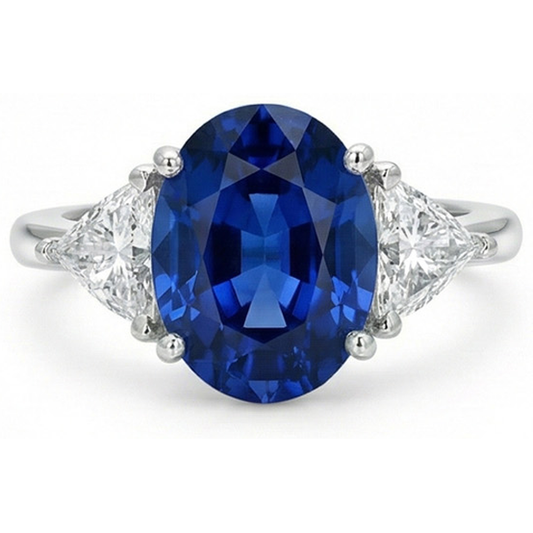 Ovaler Ring mit 3.50 ct. und Trillion Ceylon-Saphir-Aus der Erde Abgebauter Natürlicher Diamanten in Weißgold