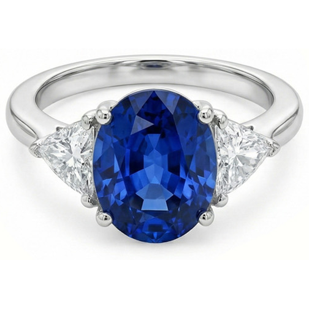Ovaler Ring mit 3.50 ct. und Trillion Ceylon-Saphir-Aus der Erde Abgebauter Natürlicher Diamanten in Weißgold