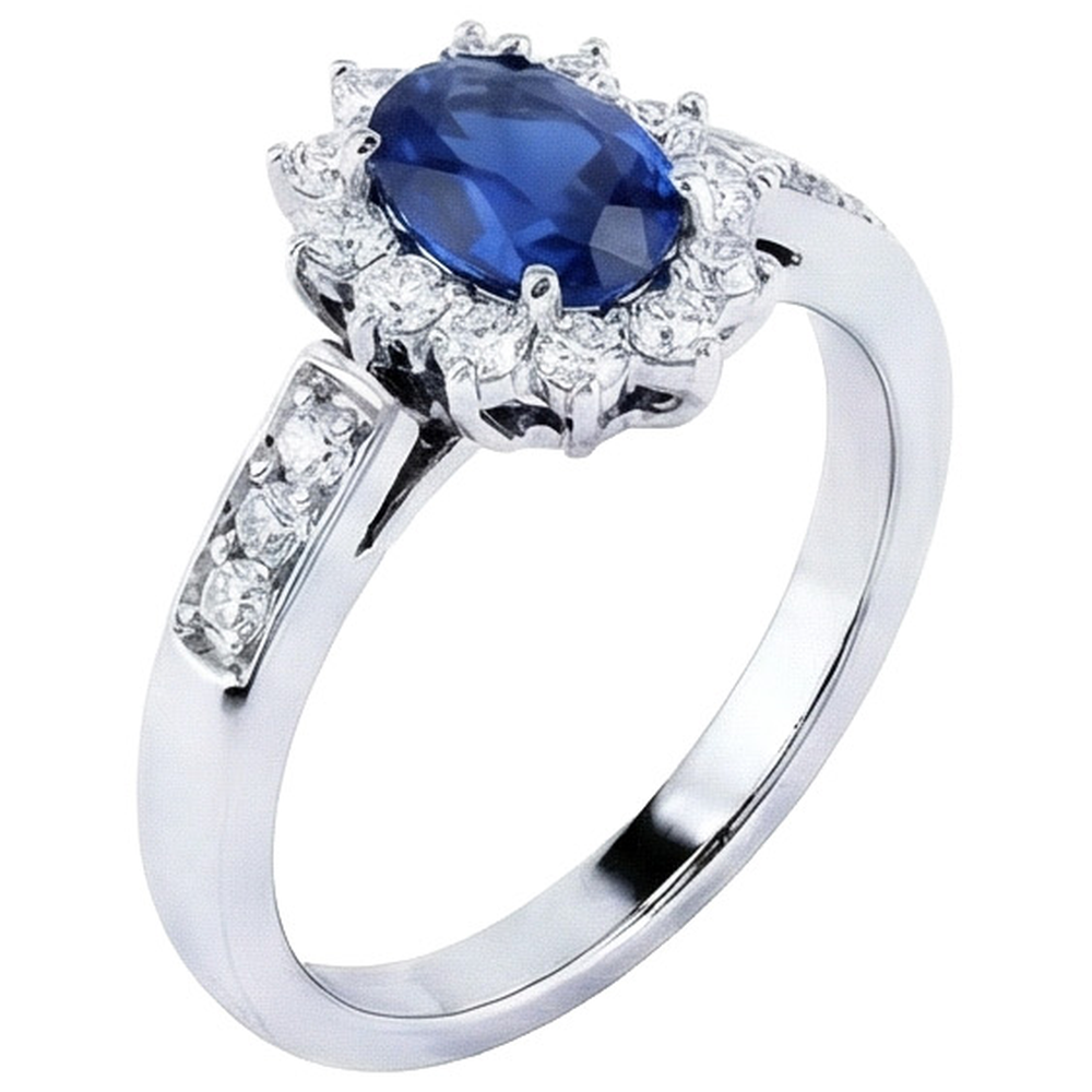 Ovaler Ring mit Ceylon-Saphir und Aus der Erde Abgebauter Natürlicher Diamanten im Rundschliff 2.50 Ct