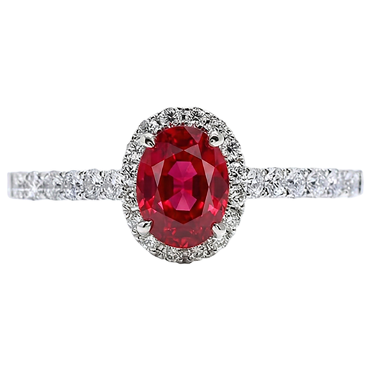 Ovaler Rubin-Aus der Erde Abgebauter Natürlicher Diamant-Ring Lady Halo Jewelry Weißgold 14K 3,70 ct.