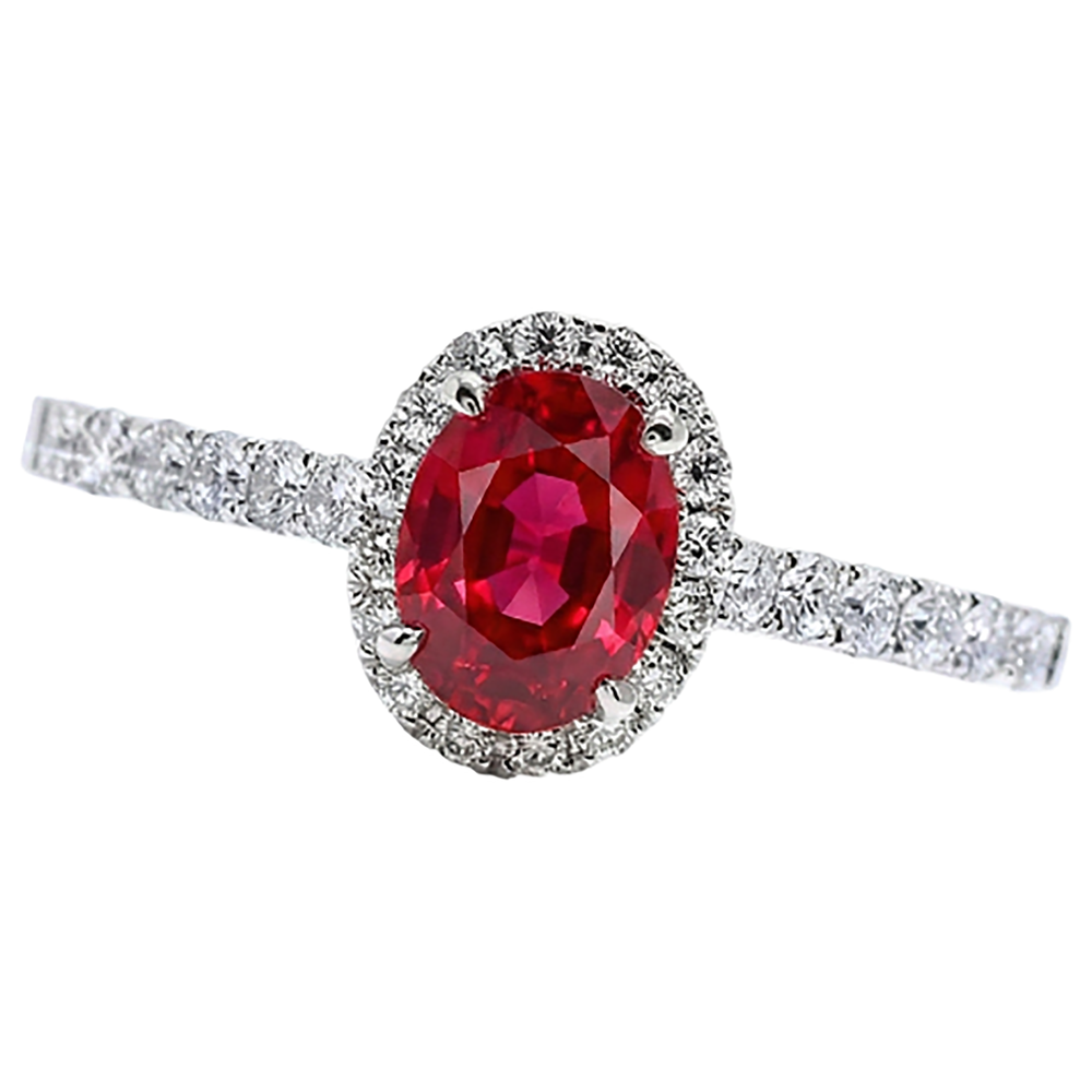 Ovaler Rubin-Aus der Erde Abgebauter Natürlicher Diamant-Ring Lady Halo Jewelry Weißgold 14K 3,70 ct.