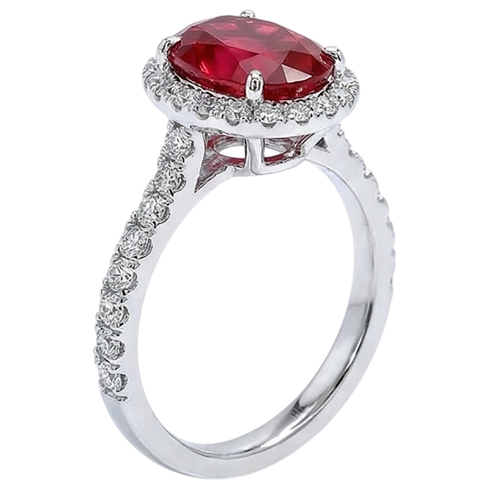 Ovaler Rubin-Aus der Erde Abgebauter Natürlicher Diamant-Ring Lady Halo Jewelry Weißgold 14K 3,70 ct.