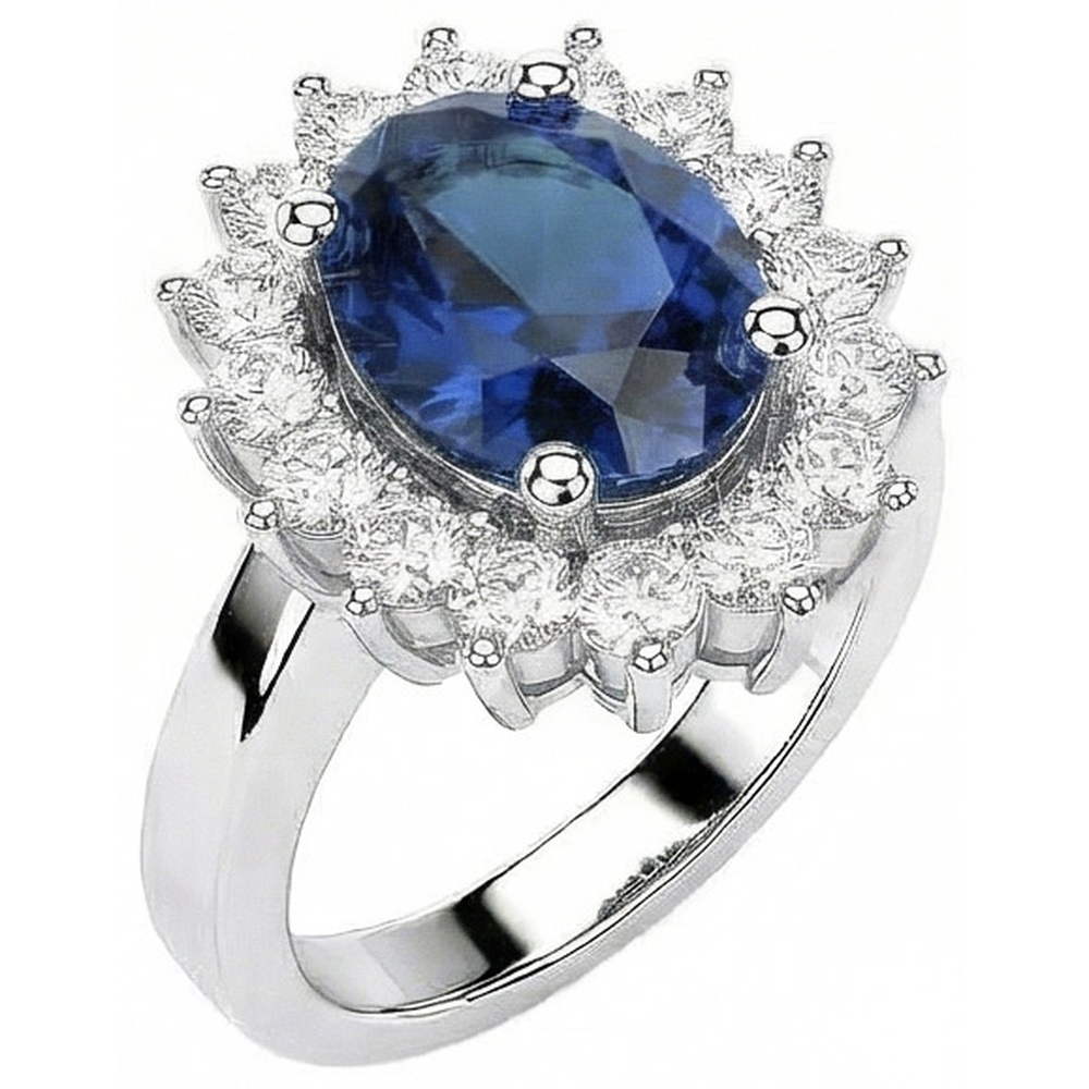 Ovaler Sri Lanka Saphir & Aus der Erde Abgebauter Natürlicher Diamant Ring Weiß Gold Schmuck