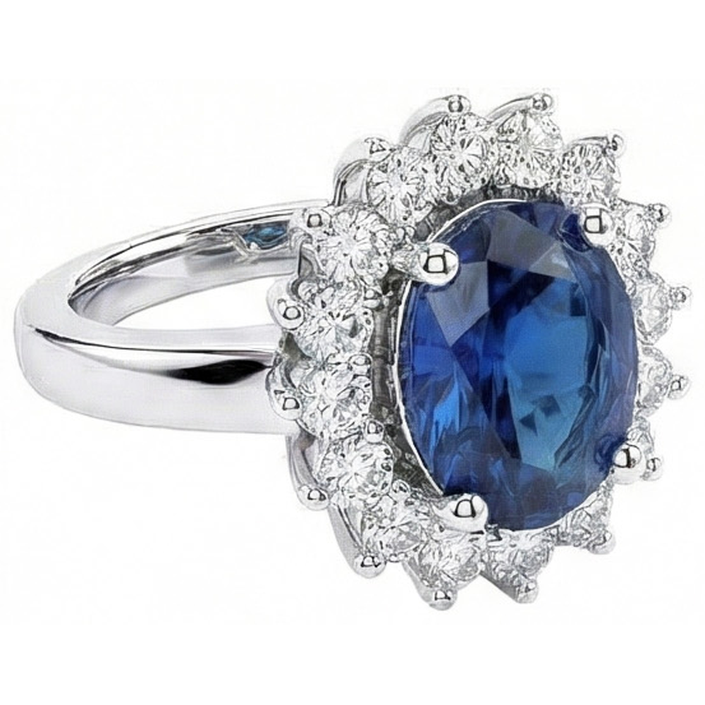 Ovaler Sri Lanka Saphir & Aus der Erde Abgebauter Natürlicher Diamant Ring Weiß Gold Schmuck