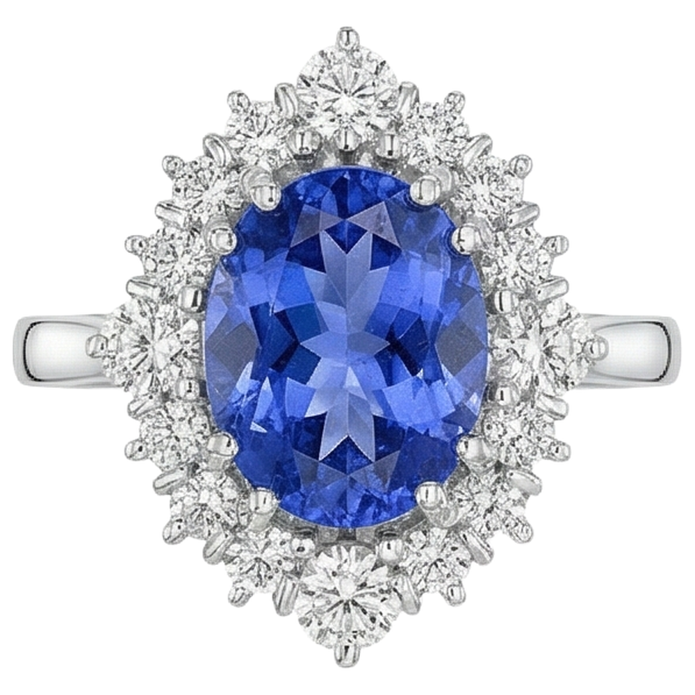 Ovaler Tansanit-Aus der Erde Abgebauter Natürlicher Diamanten-Ring 4,90 kt 14K Gold Weiß