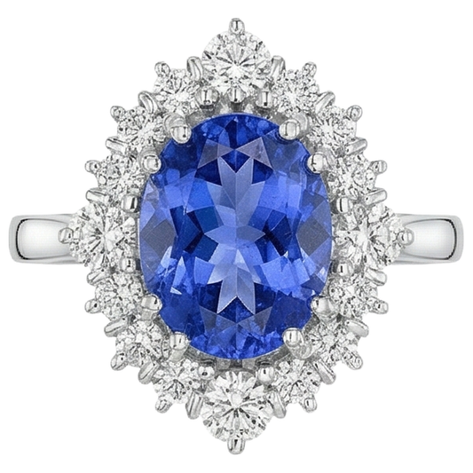 Ovaler Tansanit-Aus der Erde Abgebauter Natürlicher Diamanten-Ring 4,90 kt 14K Gold Weiß