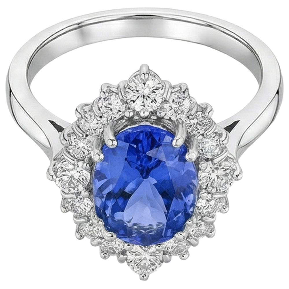 Ovaler Tansanit-Aus der Erde Abgebauter Natürlicher Diamanten-Ring 4,90 kt 14K Gold Weiß