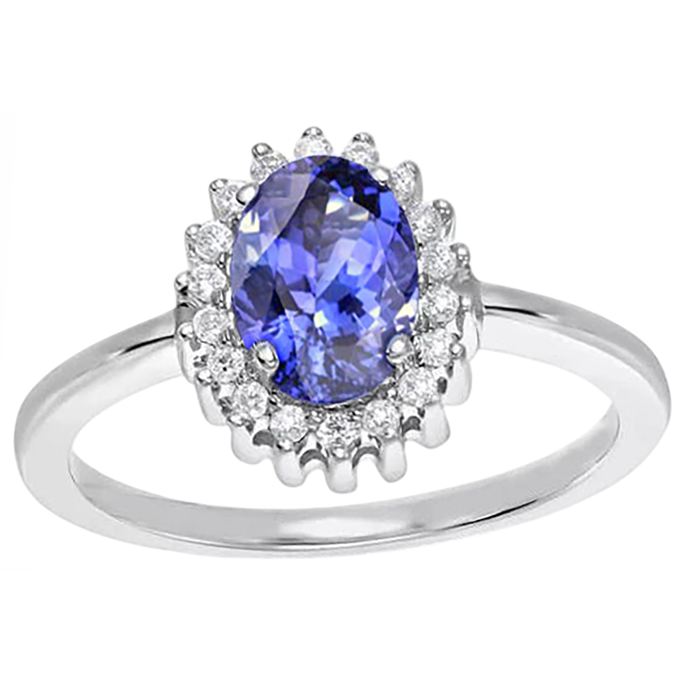 Ovaler Tansanit Ring mit Aus der Erde Abgebauter Natürlicher Diamanten 9 Karat Neugold Weiß 14K