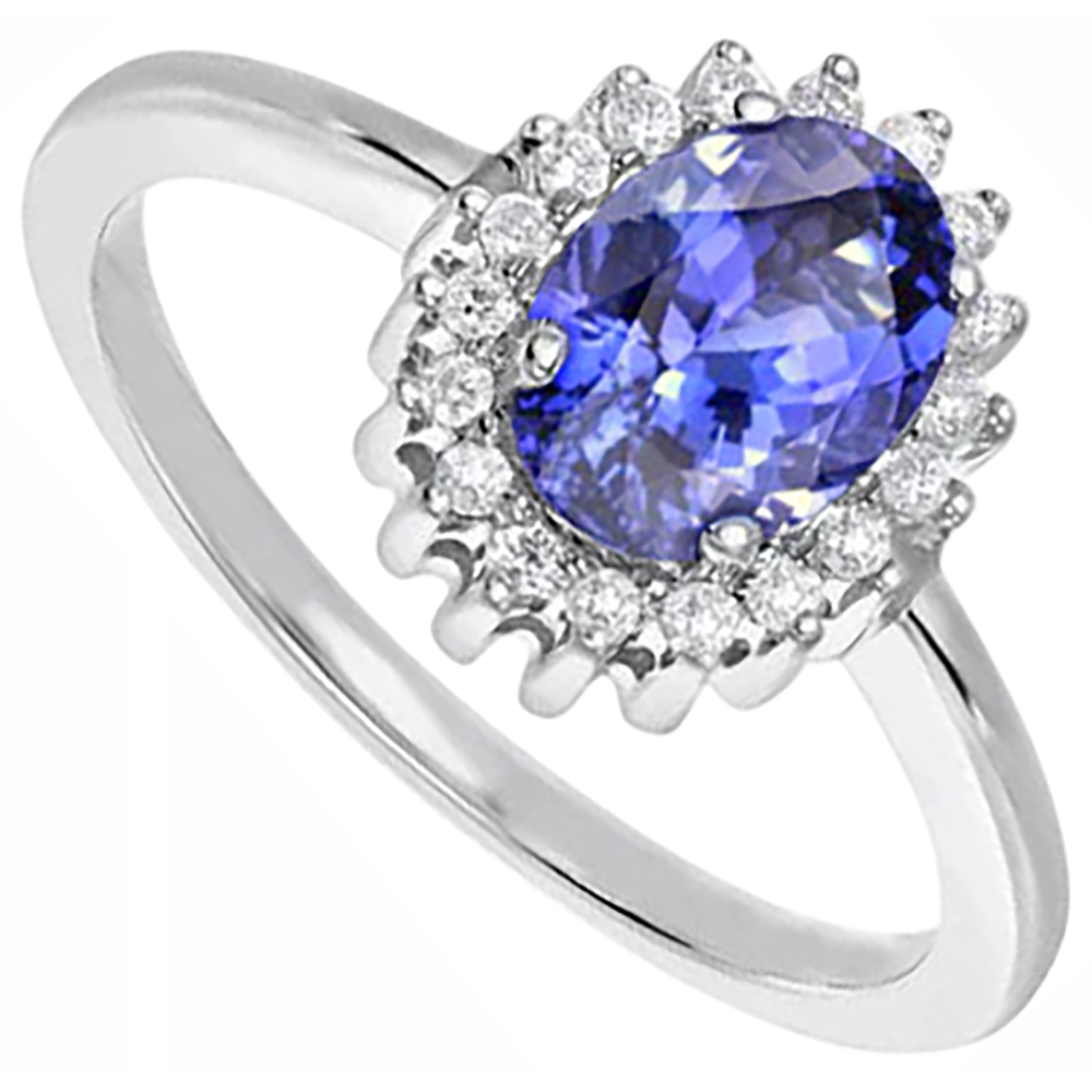 Ovaler Tansanit Ring mit Aus der Erde Abgebauter Natürlicher Diamanten 9 Karat Neugold Weiß 14K