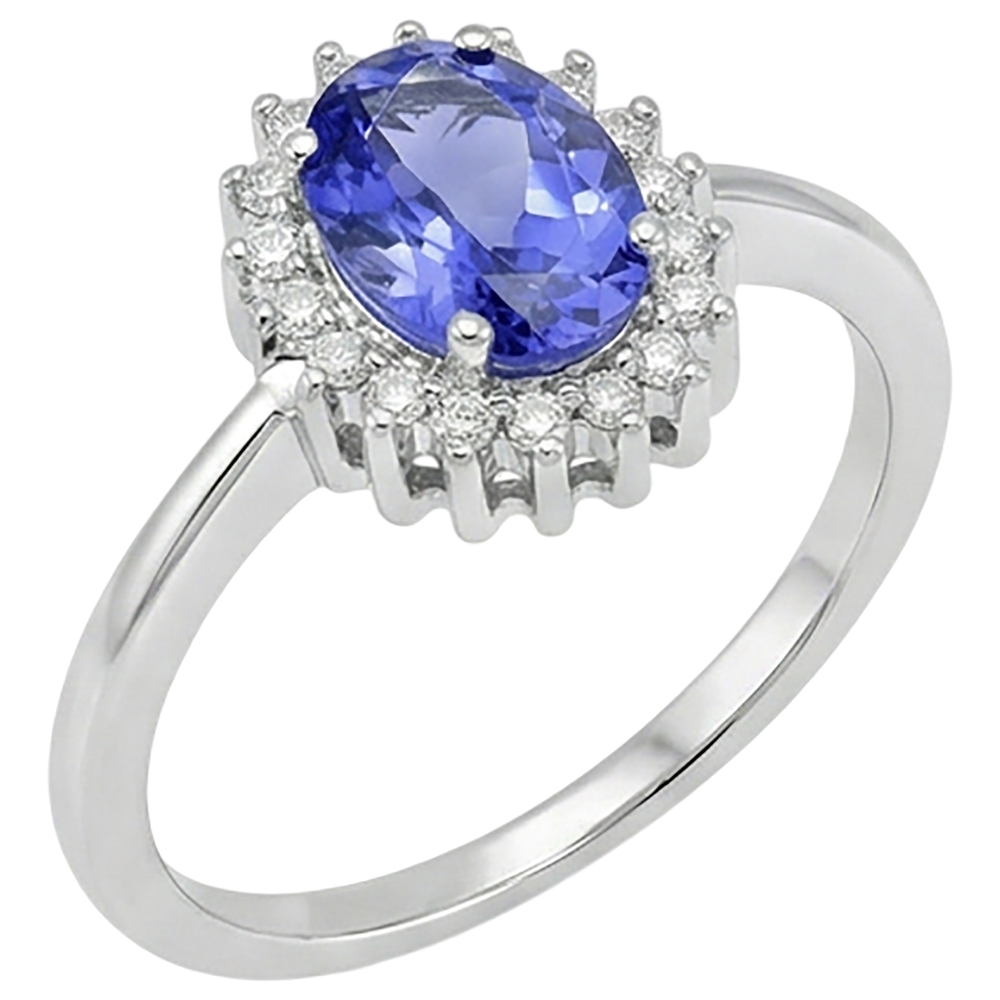 Ovaler Tansanit Ring mit Aus der Erde Abgebauter Natürlicher Diamanten 9 Karat Neugold Weiß 14K