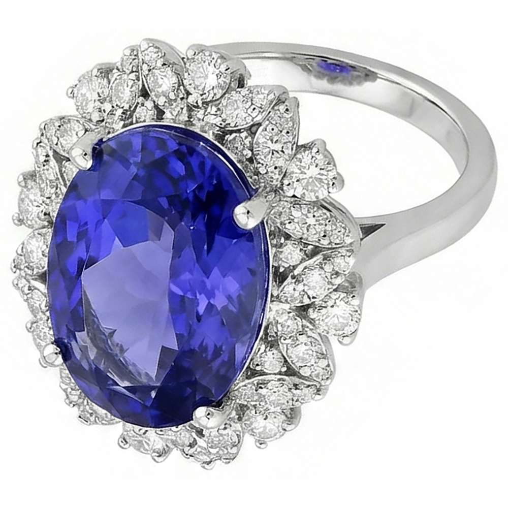 Ovaler Tansanit und Aus der Erde Abgebauter Natürlicher Diamanten 7 Karat Ring Weißgold 14K