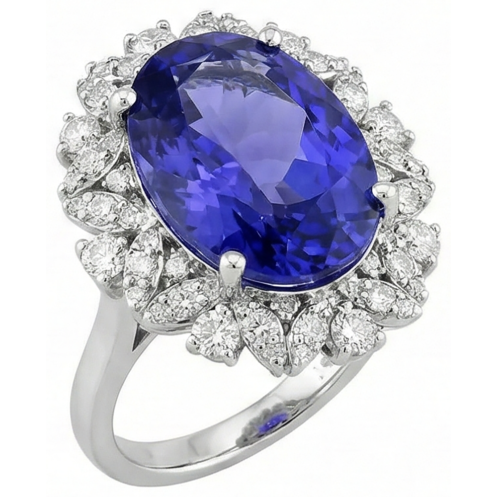 Ovaler Tansanit und Aus der Erde Abgebauter Natürlicher Diamanten 7 Karat Ring Weißgold 14K