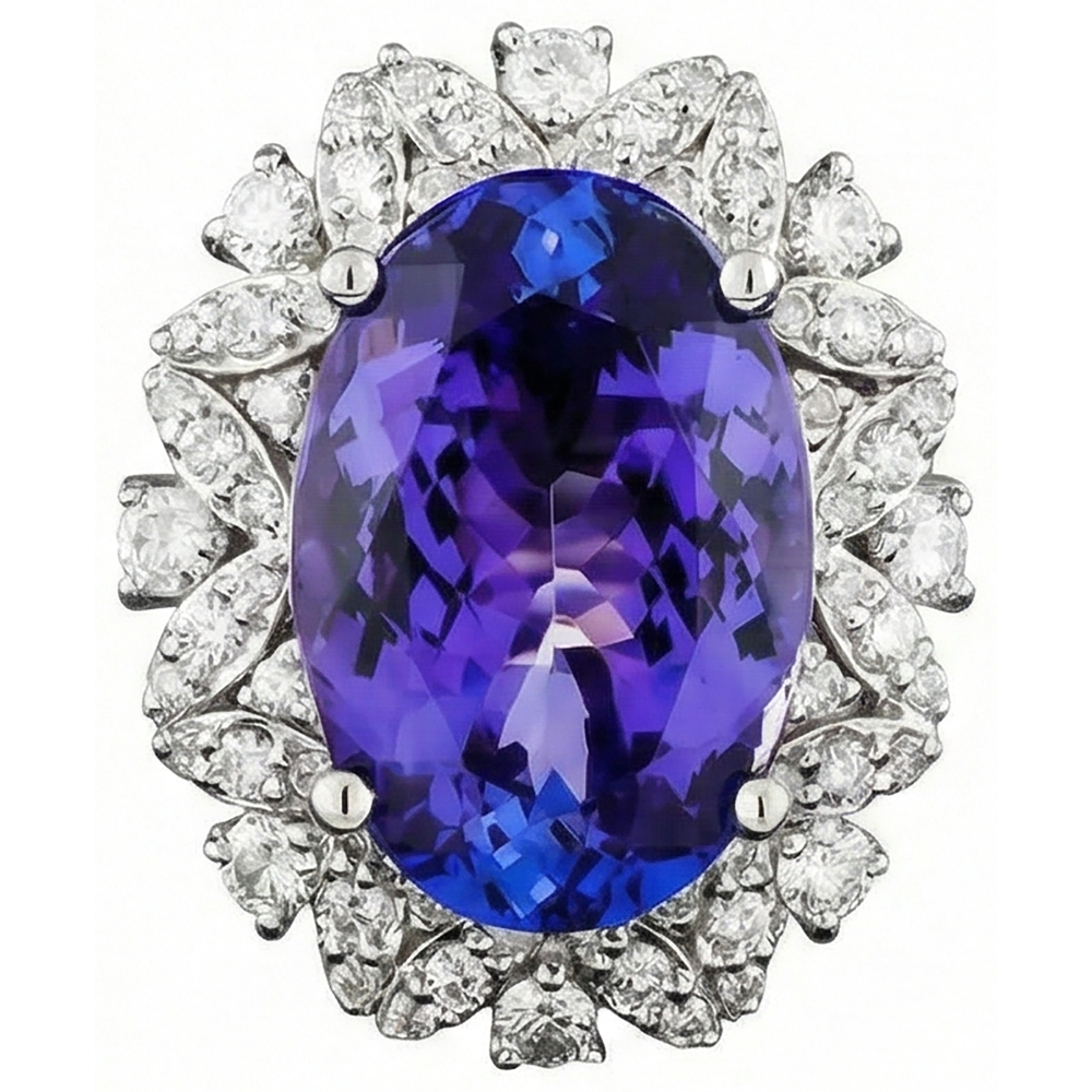 Ovaler Tansanit und Aus der Erde Abgebauter Natürlicher Diamanten 7 Karat Ring Weißgold 14K
