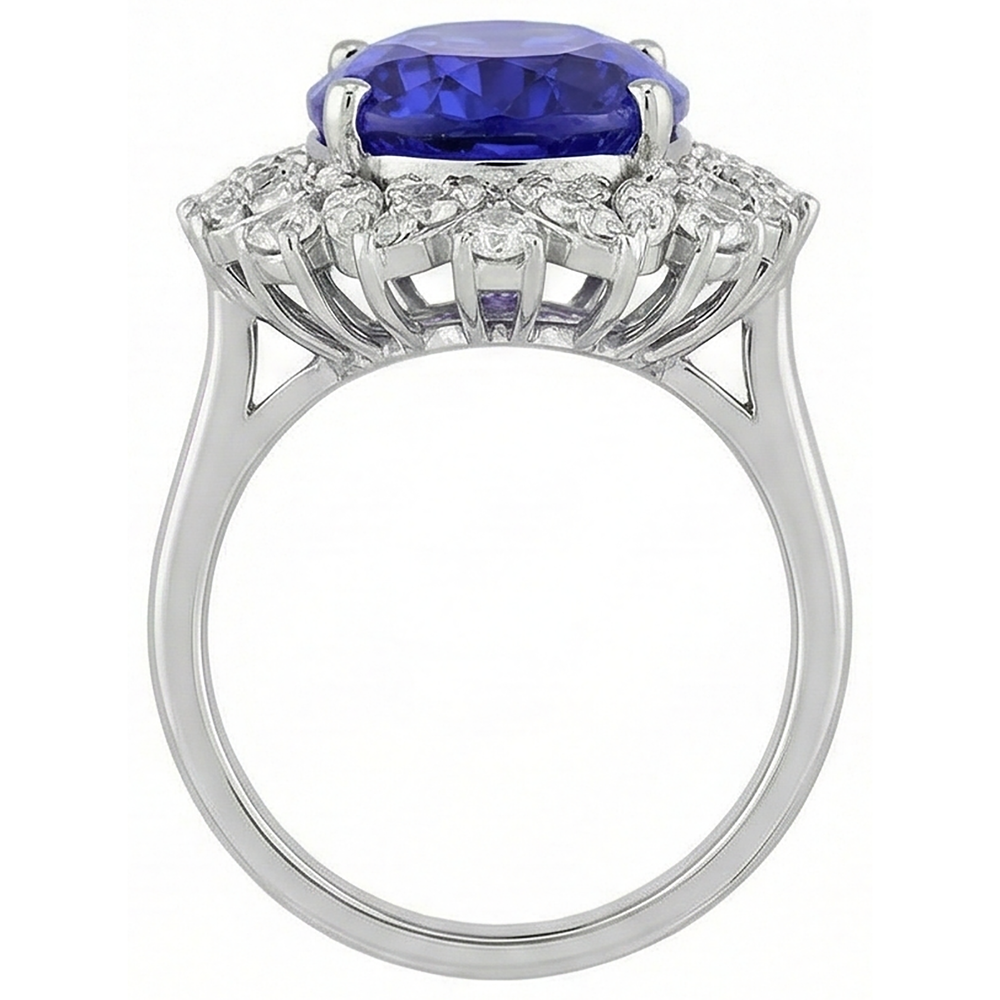 Ovaler Tansanit und Aus der Erde Abgebauter Natürlicher Diamanten 7 Karat Ring Weißgold 14K