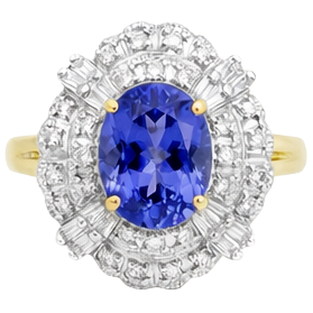 Ovaler Tansanit und Baguette Aus der Erde Abgebauter Natürlicher Diamanten Goldring 8 Karat Neu