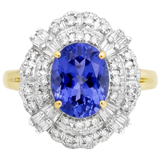 Ovaler Tansanit und Baguette Aus der Erde Abgebauter Natürlicher Diamanten Goldring 8 Karat Neu