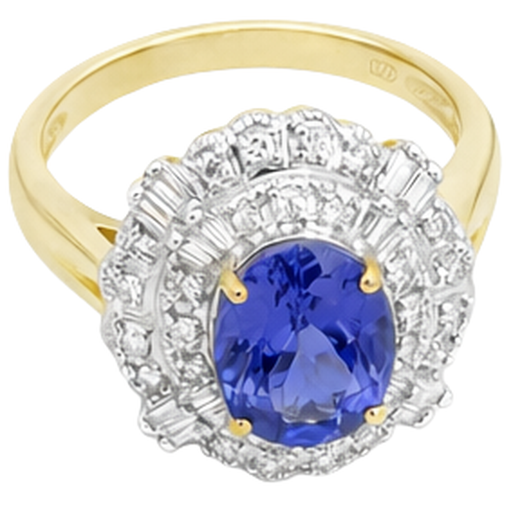 Ovaler Tansanit und Baguette Aus der Erde Abgebauter Natürlicher Diamanten Goldring 8 Karat Neu