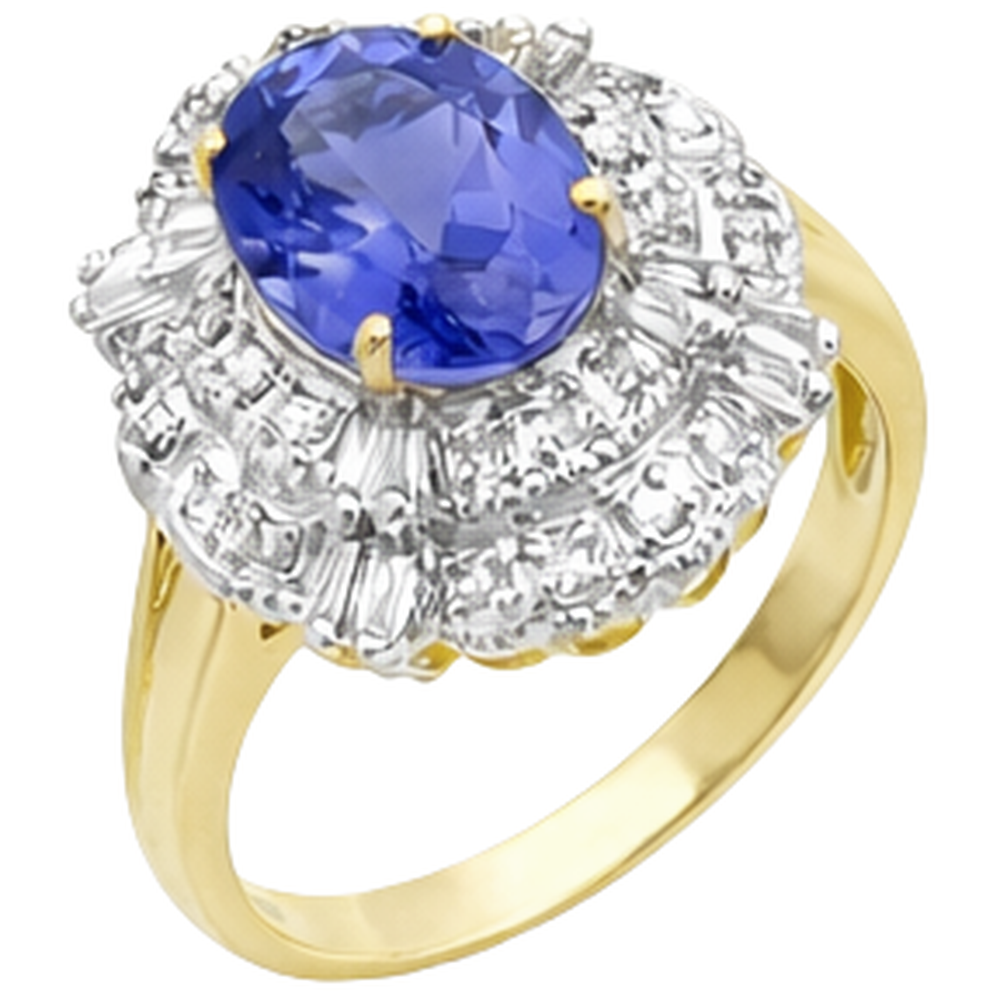 Ovaler Tansanit und Baguette Aus der Erde Abgebauter Natürlicher Diamanten Goldring 8 Karat Neu