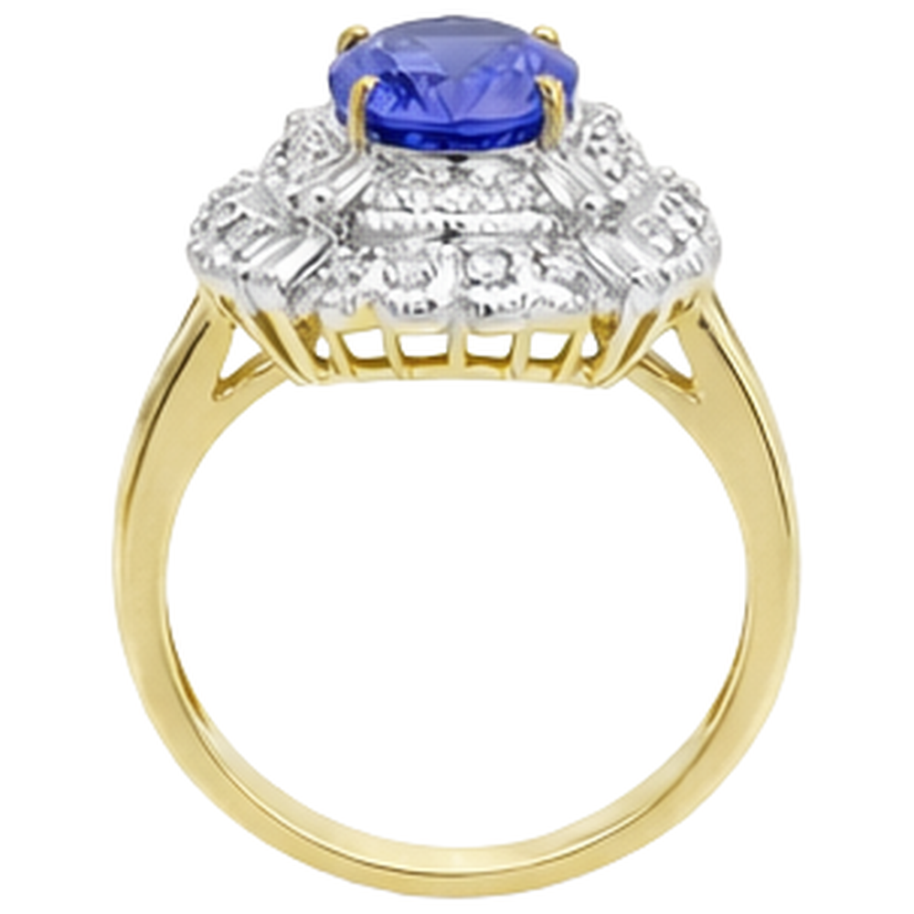 Ovaler Tansanit und Baguette Aus der Erde Abgebauter Natürlicher Diamanten Goldring 8 Karat Neu