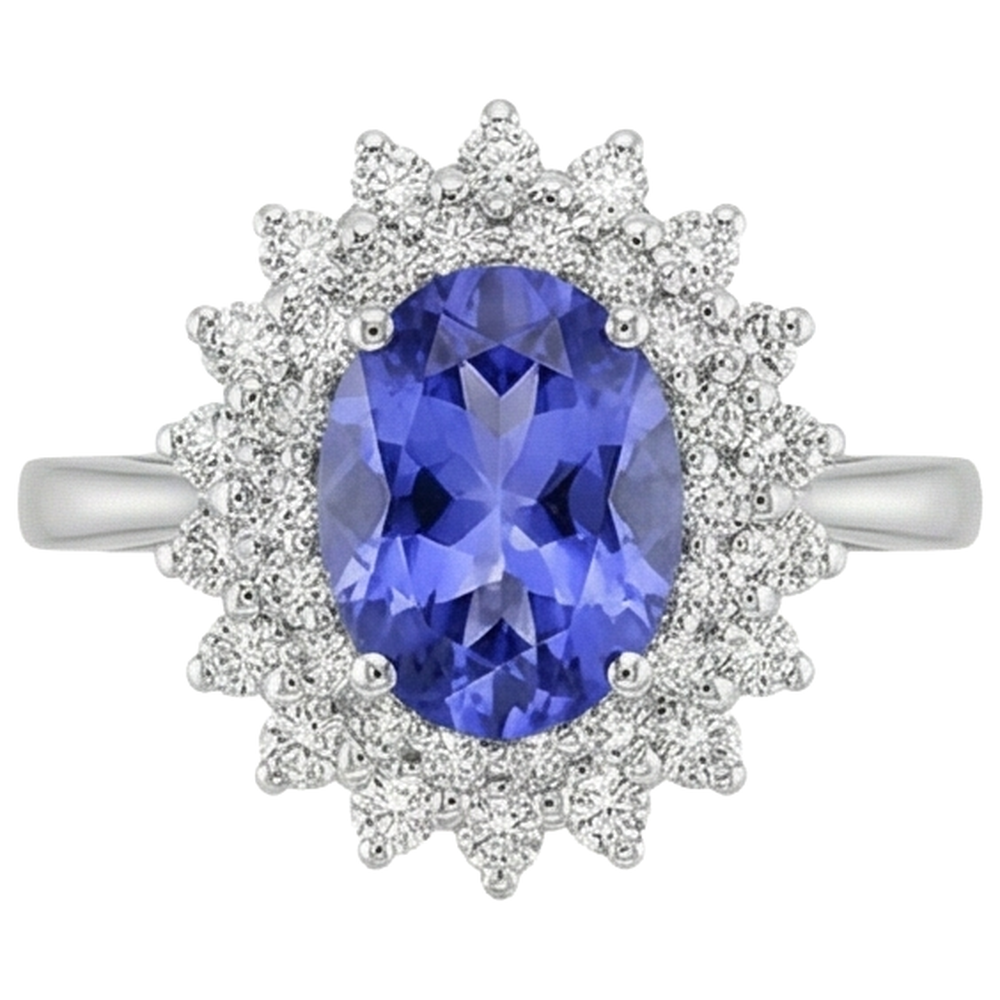 Ovaler Tansanit und runde Aus der Erde Abgebauter Natürlicher Diamanten 11,25 Karat Ring Weißgold 14K