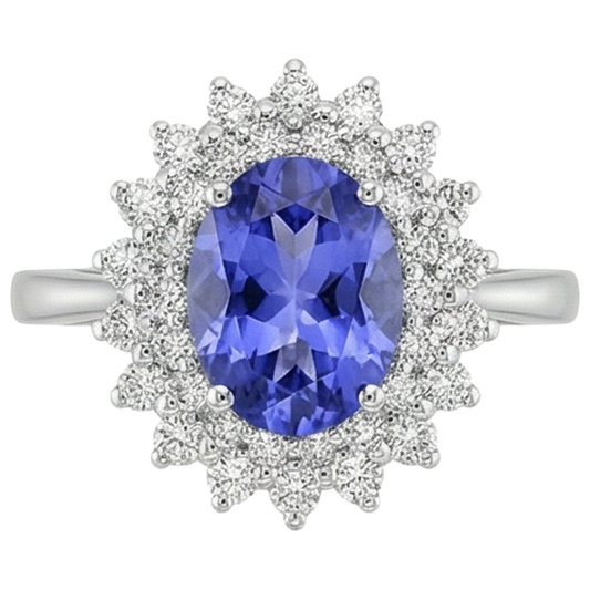 Ovaler Tansanit und runde Aus der Erde Abgebauter Natürlicher Diamanten 11,25 Karat Ring Weißgold 14K