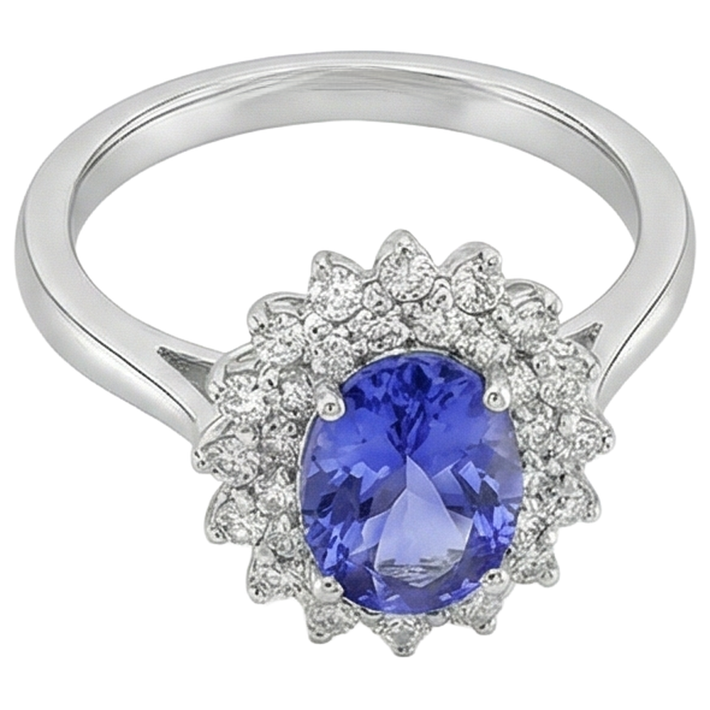 Ovaler Tansanit und runde Aus der Erde Abgebauter Natürlicher Diamanten 11,25 Karat Ring Weißgold 14K