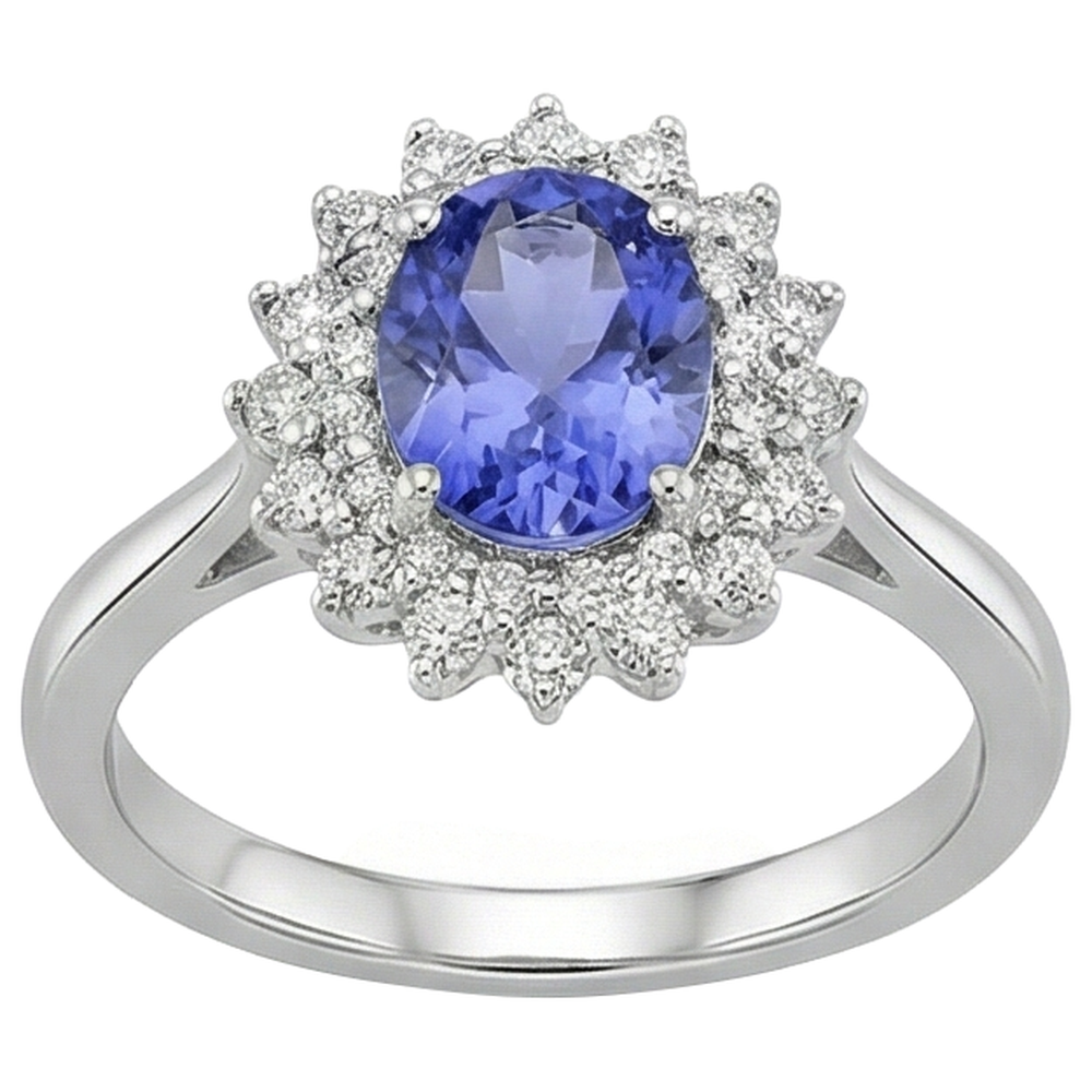 Ovaler Tansanit und runde Aus der Erde Abgebauter Natürlicher Diamanten 11,25 Karat Ring Weißgold 14K