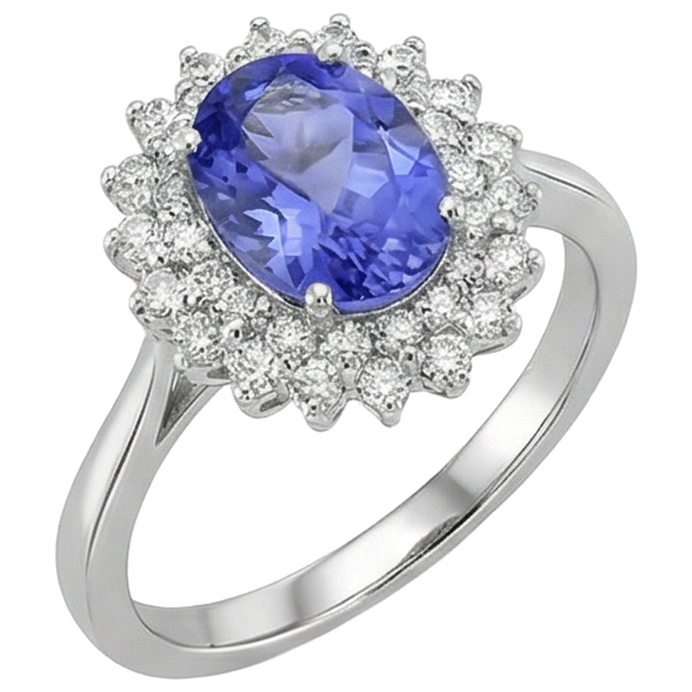 Ovaler Tansanit und runde Aus der Erde Abgebauter Natürlicher Diamanten 11,25 Karat Ring Weißgold 14K