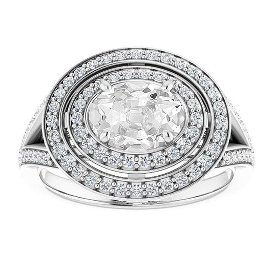 Ovaler alter Bergmann Echt Diamant Double Halo Ring Krappenset Split Shank 9 Karat