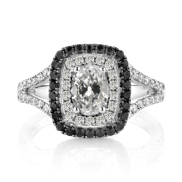 Ovaler alter Bergmann & runder schwarzer Natürlich Diamant Halo-Ring mit geteiltem Schaft 7 Karat