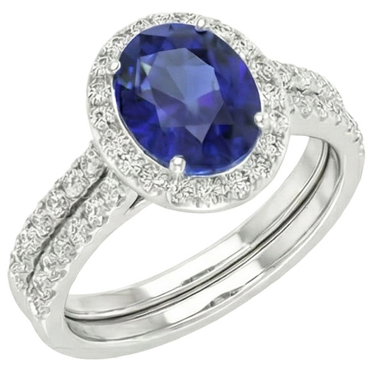 Ovaler blauer Saphir Halo-Verlobungsring-Set 10,25 Karat Weißgold