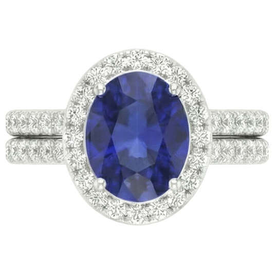 Ovaler blauer Saphir Halo-Verlobungsring-Set 10,25 Karat Weißgold