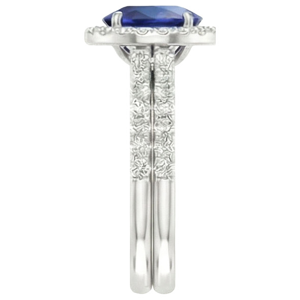 Ovaler blauer Saphir Halo-Verlobungsring-Set 10,25 Karat Weißgold