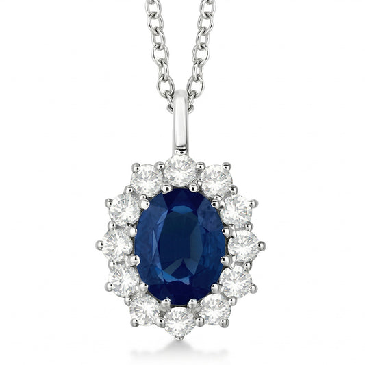 Ovaler blauer Saphir mit Aus der Erde Abgebauter Natürlicher Diamanten Anhänger Halskette 2,70 ct Weißgold