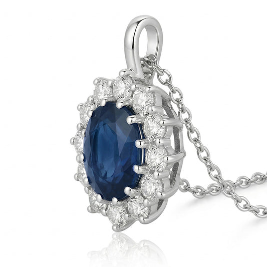 Ovaler blauer Saphir mit Aus der Erde Abgebauter Natürlicher Diamanten Anhänger Halskette 2,70 ct Weißgold