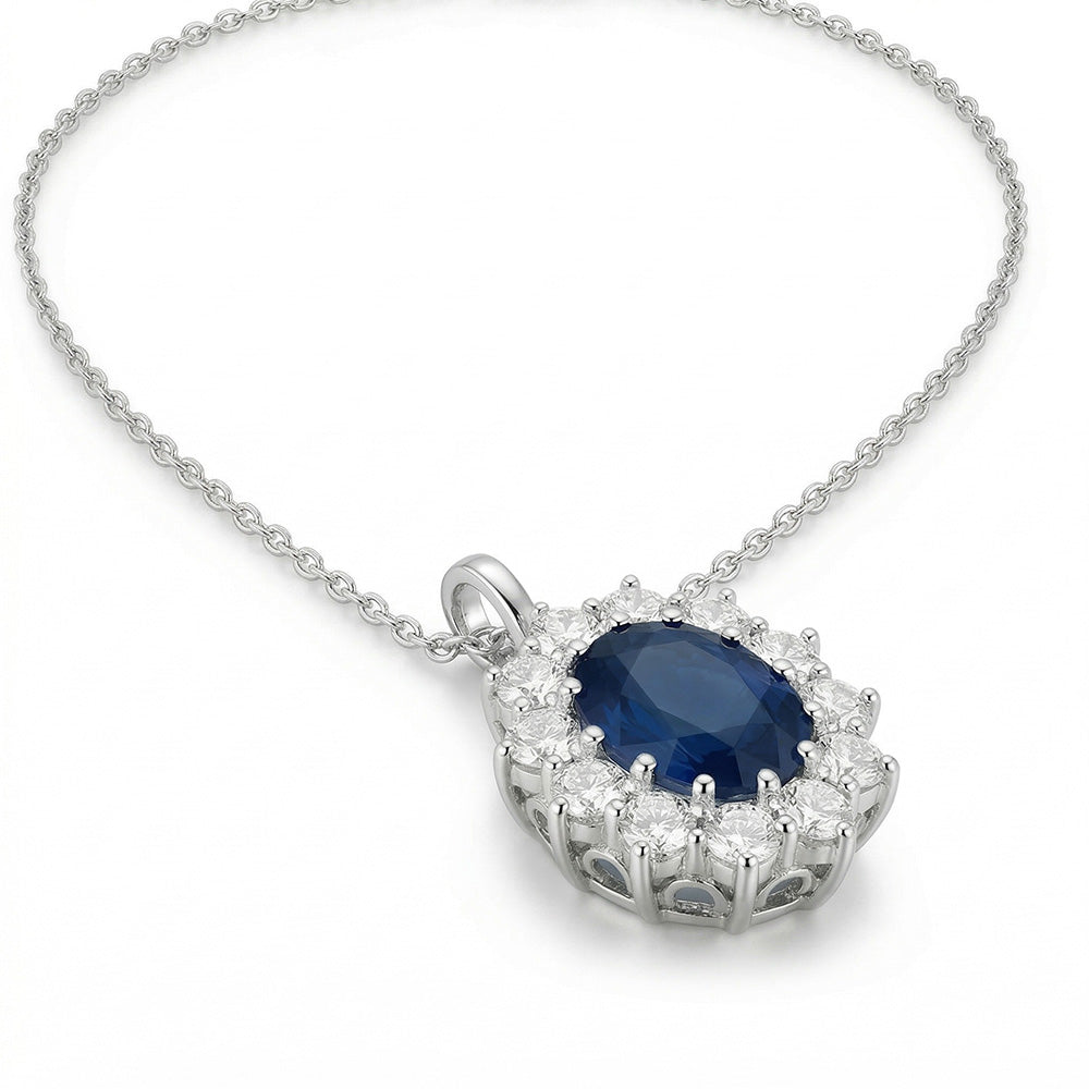 Ovaler blauer Saphir mit Aus der Erde Abgebauter Natürlicher Diamanten Anhänger Halskette 2,70 ct Weißgold