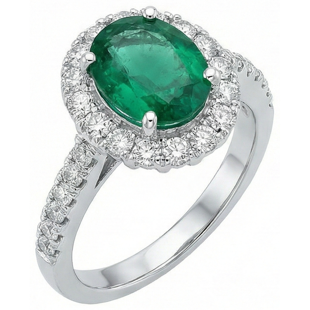 Ovaler grüner Smaragd-Aus der Erde Abgebauter Natürlicher Diamant-Edelstein-Ring 2.50 Karat Weißgold 14K