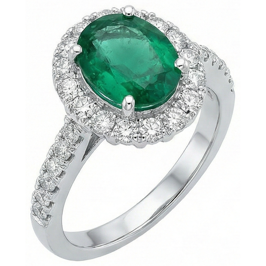 Ovaler grüner Smaragd-Aus der Erde Abgebauter Natürlicher Diamant-Edelstein-Ring 2.50 Karat Weißgold 14K