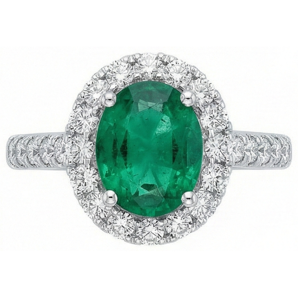 Ovaler grüner Smaragd-Aus der Erde Abgebauter Natürlicher Diamant-Edelstein-Ring 2.50 Karat Weißgold 14K