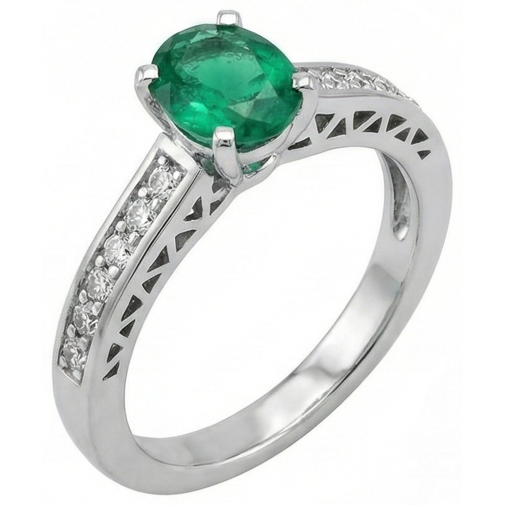 Ovaler grüner Smaragd- und Aus der Erde Abgebauter Natürlicher Diamanten-Ring 3,60 kt 14K Weißgold