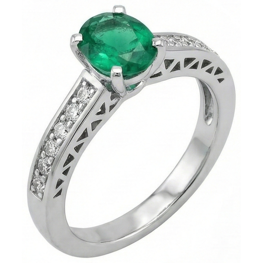 Ovaler grüner Smaragd- und Aus der Erde Abgebauter Natürlicher Diamanten-Ring 3,60 kt 14K Weißgold