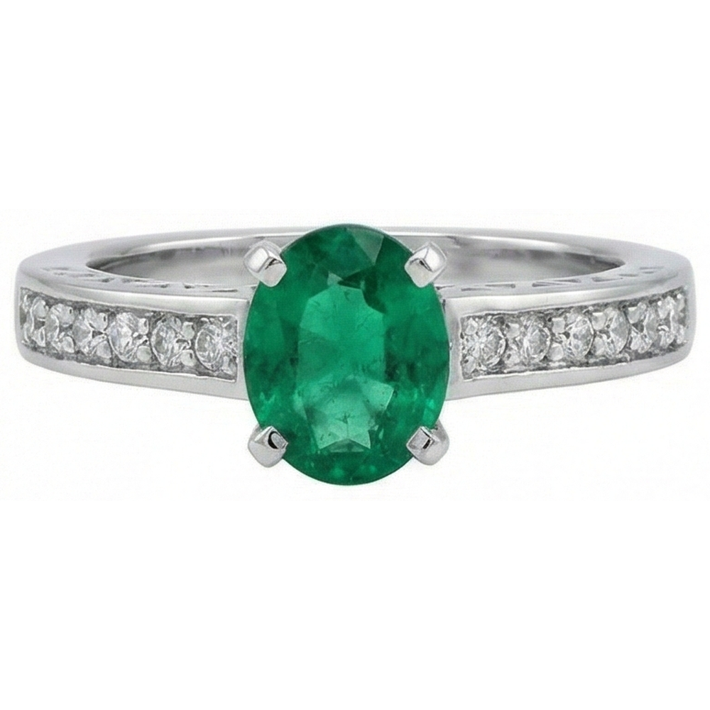 Ovaler grüner Smaragd- und Aus der Erde Abgebauter Natürlicher Diamanten-Ring 3,60 kt 14K Weißgold