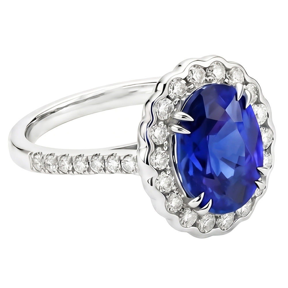 Ovaler srilankischer Saphirdiamantenring 4.30 ct Weißgold 14K