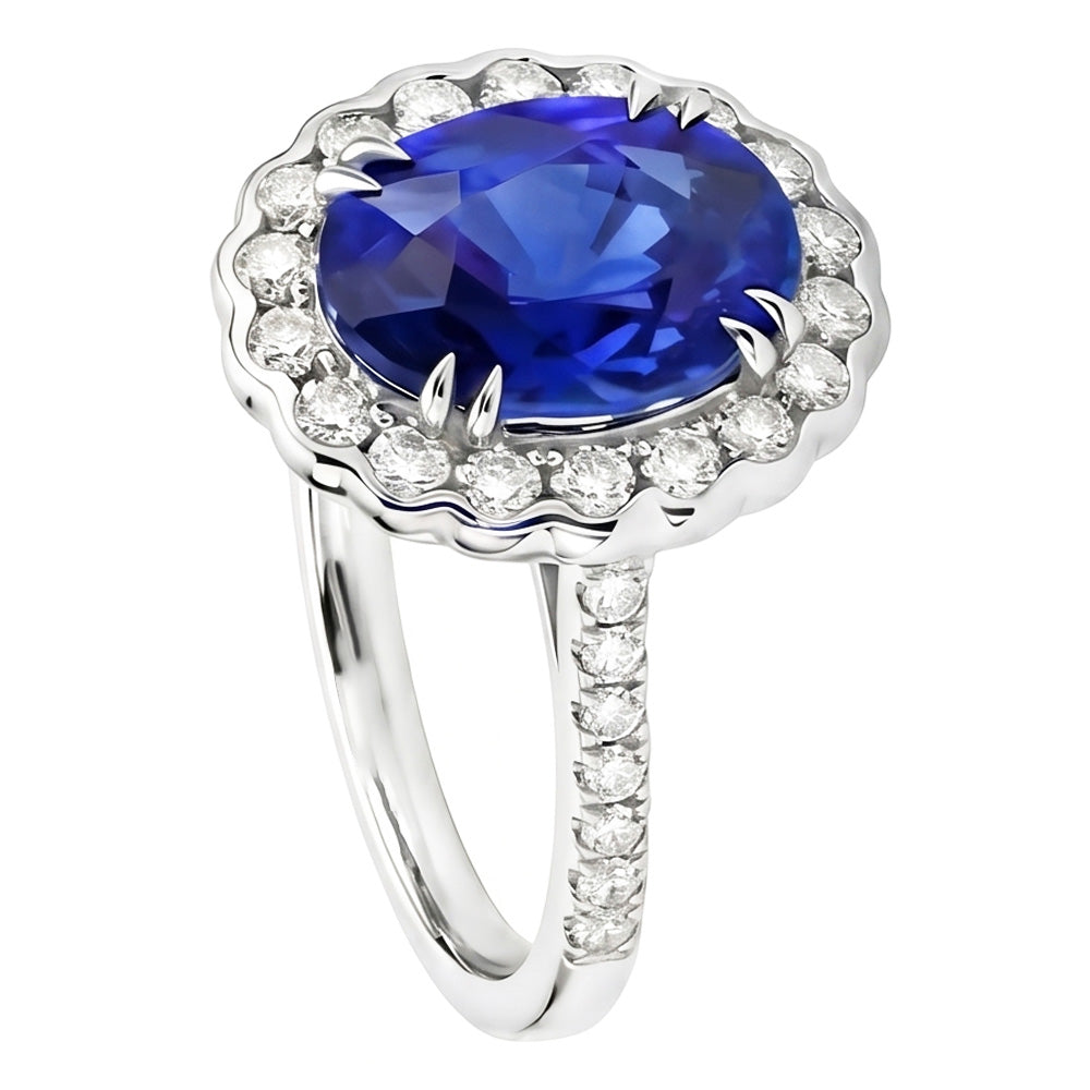 Ovaler srilankischer Saphirdiamantenring 4.30 ct Weißgold 14K