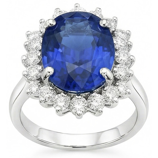 Ovaler und runder Ceylon-Saphir-Ring mit 8.01 Karat Aus der Erde Abgebauter Natürlicher Diamanten WG 14K