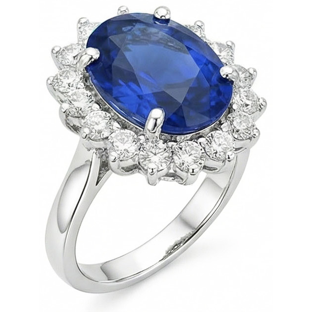 Ovaler und runder Ceylon-Saphir-Ring mit 8.01 Karat Aus der Erde Abgebauter Natürlicher Diamanten WG 14K