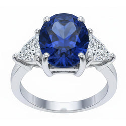 Ovaler Sri Lanka Saphir Trillion Aus der Erde Abgebauter Natürlicher Diamanten 3 Stein Ring 6.01 Karat