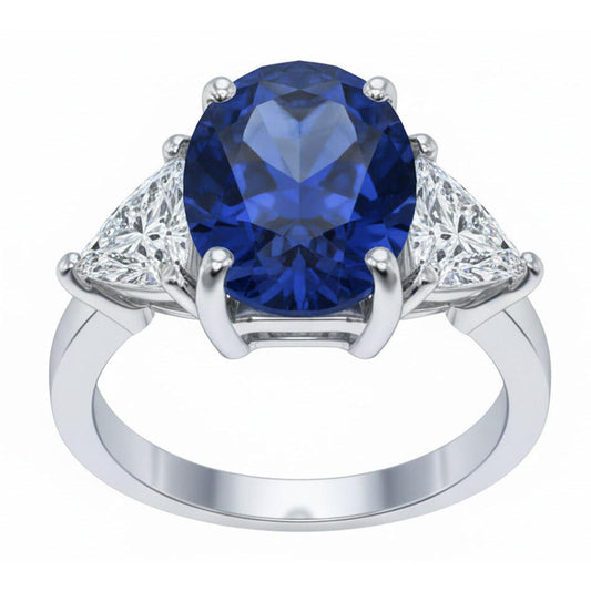 Ovaler Sri Lanka Saphir Trillion Aus der Erde Abgebauter Natürlicher Diamanten 3 Stein Ring 6.01 Karat