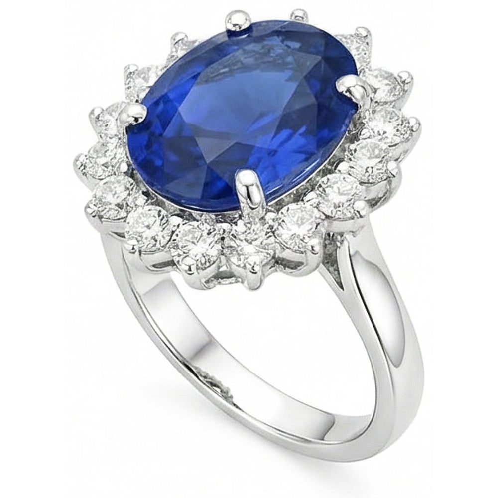 Ovaler und runder Ceylon-Saphir-Ring mit 8.01 Karat Aus der Erde Abgebauter Natürlicher Diamanten WG 14K